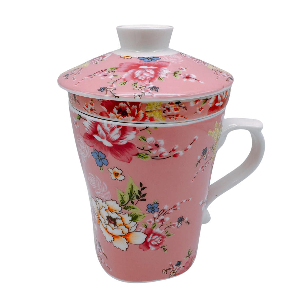 【台湾花布柄カップ】ピンク【台湾製】 台湾花布（客家花布）柄 茶具 マグカップ（茶こし付き） ピンク｜台灣