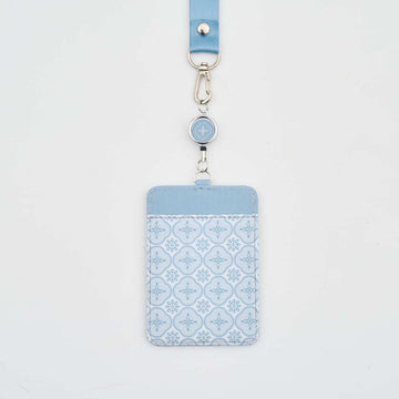 印花楽 リール付きパスケース レトロ窓ガラス柄 グレイッシュブルー｜伸縮證件套 玻璃海棠 寧靜灰藍