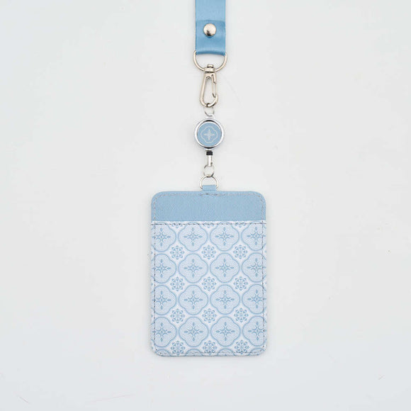 印花楽 リール付きパスケース レトロ窓ガラス柄 グレイッシュブルー｜伸縮證件套 玻璃海棠 寧靜灰藍