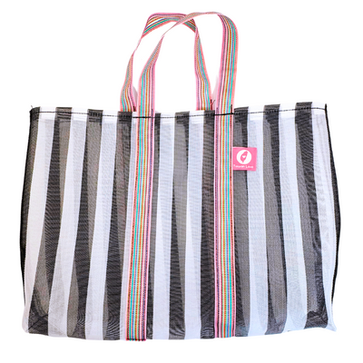 Taiwan Love オリジナル モノトーンストライプ柄（ブラック・グレー） 台湾漁師網バッグ ナイロンバッグ (茄芷袋) 台湾製｜小さめMサイズ（4号）｜コットン布持ち手タイプ（ピンク）｜Taiwan Love 黑灰直條紋款 茄芷袋 4號