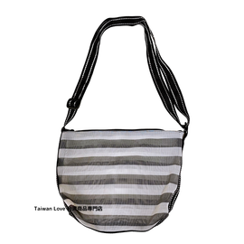 台湾製 モノトーンボーダー（ブラック・グレー）漁師網 ナイロンバッグ (茄芷袋) ショルダーバッグ｜黑灰條紋款 茄芷袋 斜背包（小書包）