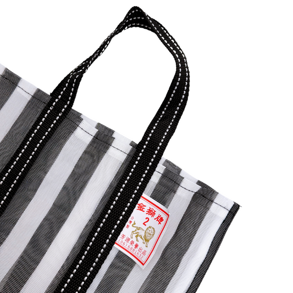 台湾製 縦ストライプ柄（ブラック・グレー）漁師網 ナイロンバッグ (茄芷袋)｜コットン布持ち手タイプ｜Sサイズ｜黑灰直條紋款 布提把 茄芷袋 （金獅牌）