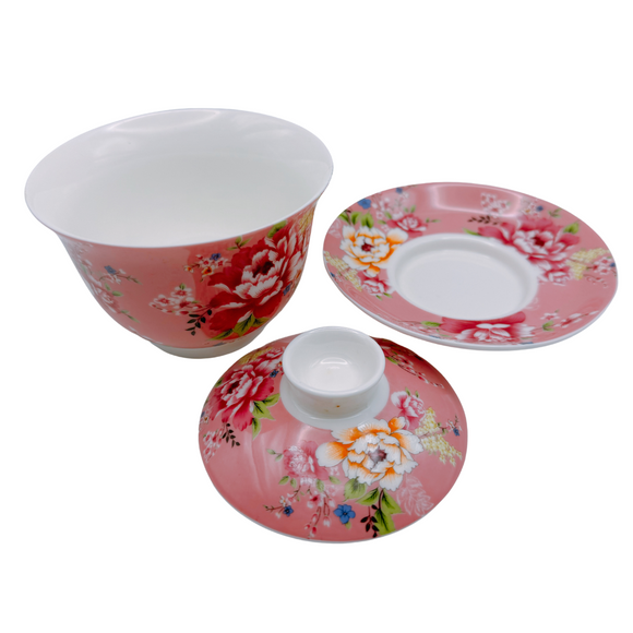 台湾花布（客家花布）柄 茶具 蓋碗（ティーカップ） ピンク｜台灣花布（客家花布）三件式蓋杯（220ml） 粉紅