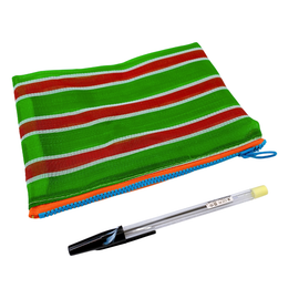 台湾漁師網バッグ地 仕切り付マルチポーチ ボーダー柄（グリーン・レッド・ホワイト）｜茄芷袋拉鍊包 紅綠白線條款（本体・ファスナーの色はランダム出荷）※ご購入の場合、色の原因で返品・交換は対応不可