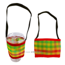 台湾製 漁師網 ナイロン ドリンクホルダー チェック柄 （イエロー・グリーン・レッド）｜パイピングカラー：レッド｜茄芷袋手提杯套 綠黃紅格子（包邊：紅）