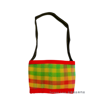台湾製 漁師網 ナイロン ドリンクホルダー チェック柄 （イエロー・グリーン・レッド）｜パイピングカラー：レッド｜茄芷袋手提杯套 綠黃紅格子（包邊：紅）