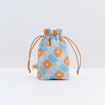 印花楽 巾着ポーチ レトロ窓ガラス柄18号 アプリコットオレンジ×ブルー｜束口小物袋 玻璃海棠18號 杏桃橘藍 - 0