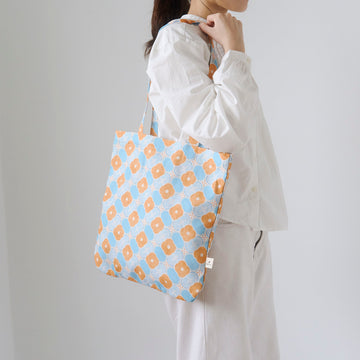 印花楽 角丸トートバッグ レトロ窓ガラス柄18号 アプリコットオレンジ×ブルー｜圓角方形購物袋 玻璃海棠18號 杏桃橘藍