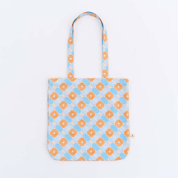 印花楽 角丸トートバッグ レトロ窓ガラス柄18号 アプリコットオレンジ×ブルー｜圓角方形購物袋 玻璃海棠18號 杏桃橘藍