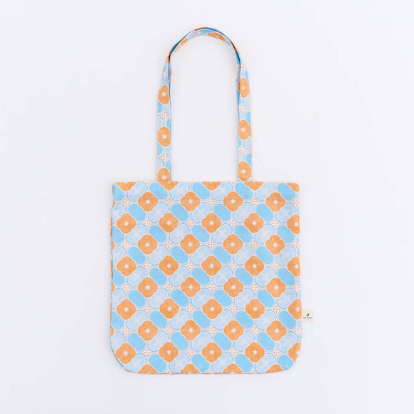 印花楽 角丸トートバッグ レトロ窓ガラス柄18号 アプリコットオレンジ×ブルー｜圓角方形購物袋 玻璃海棠18號 杏桃橘藍