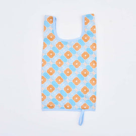 印花楽 折りたたみエコバッグ レトロ窓ガラス柄18号 アプリコットオレンジ×ブルー｜可收捲小背心袋 玻璃海棠18號 杏桃橘藍