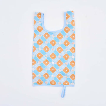 印花楽 折りたたみエコバッグ レトロ窓ガラス柄18号 アプリコットオレンジ×ブルー｜可收捲小背心袋 玻璃海棠18號 杏桃橘藍