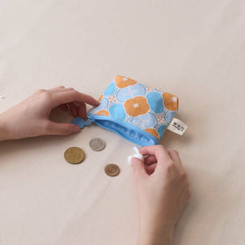 印花楽 小物入れ（ポーチ・コインケース）ファスナー付き レトロ窓ガラス柄18号 アプリコットオレンジ×ブルー｜小東西拉鏈包 玻璃海棠18號 杏桃橘藍