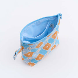 印花楽 台形ポーチ ファスナー付き レトロ窓ガラス柄18号 アプリコットオレンジ×ブルー｜拉鏈梯形收納包 玻璃海棠18號 杏桃橘藍