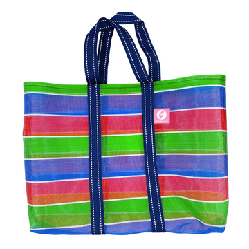 Taiwan Love オリジナル 台湾漁師網バッグ ナイロンバッグ (茄芷袋) 台湾カラー ボーダー 台湾製｜小さめMサイズ（4号）｜コットン布持ち手タイプ｜Taiwan Love 經典茄芷袋 4號