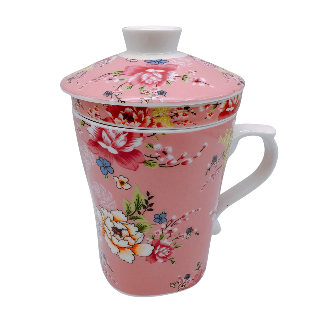 台湾花布（客家花布）柄 茶具 マグカップ（茶こし付き） ピンク｜台灣花布（客家花布）三件式馬克杯（240ml） 粉紅