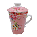 台湾花布（客家花布）柄 茶具 マグカップ（茶こし付き） ピンク｜台灣花布（客家花布）三件式馬克杯（240ml） 粉紅