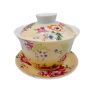 台湾花布（客家花布）柄 茶具 蓋碗（ティーカップ） イェロー｜台灣花布（客家花布）三件式蓋杯（220ml） 黃