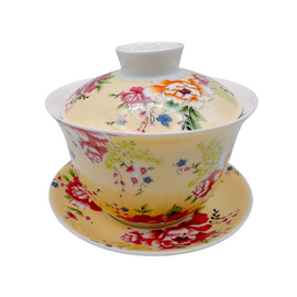 台湾花布（客家花布）柄 茶具 蓋碗（ティーカップ） イェロー｜台灣花布（客家花布）三件式蓋杯（220ml） 黃