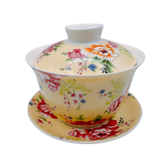 台湾花布（客家花布）柄 茶具 蓋碗（ティーカップ） イェロー｜台灣花布（客家花布）三件式蓋杯（220ml） 黃