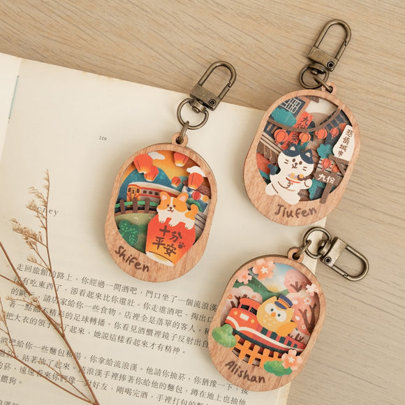 遊木時光 WOOD TIME 台湾ミニ風景 木製ミニ鏡 台湾漁師網バッグ｜台灣微風景木製小物鏡 喵喵茄芷袋