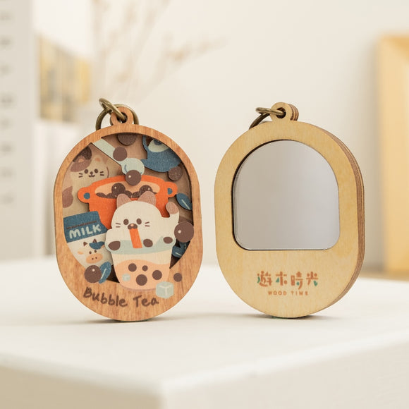 遊木時光 WOOD TIME 台湾ミニ風景 木製ミニ鏡 台湾漁師網バッグ｜台灣微風景木製小物鏡 喵喵茄芷袋