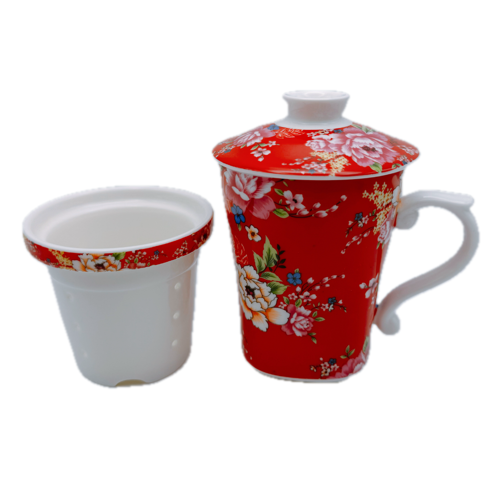 台湾花布（客家花布）柄 茶具 マグカップ（茶こし付き） レッド｜台灣花布（客家花布）三件式馬克杯（240ml） 紅