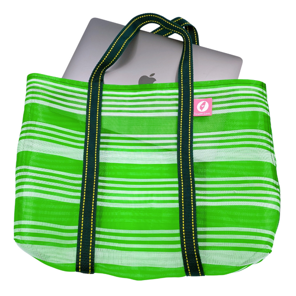 Taiwan Love オリジナル グリーン 台湾漁師網バッグ ナイロンバッグ (茄芷袋) 台湾製｜小さめMサイズ（4号）｜コットン布持ち手タイプ｜Taiwan Love 綠色白線款 茄芷袋 4號