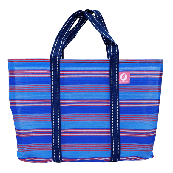 Taiwan Love オリジナル ブルーボーダー 台湾漁師網バッグ ナイロンバッグ (茄芷袋) 台湾製｜小さめMサイズ（4号）｜コットン布持ち手タイプ｜Taiwan Love 藍色線條款 茄芷袋 4號