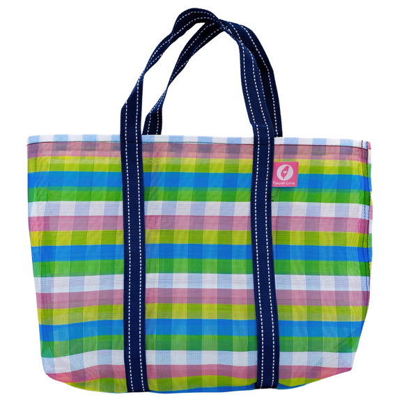 Taiwan Love オリジナル チェック柄 台湾漁師網バッグ ナイロンバッグ (茄芷袋) 台湾製｜小さめMサイズ（4号）｜コットン布持ち手タイプ｜Taiwan Love 彩格款 茄芷袋 4號