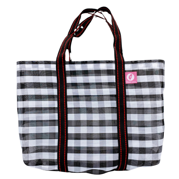 Taiwan Love オリジナル チェック柄 モノトーン（ブラック・ホワイト） 台湾漁師網バッグ ナイロンバッグ (茄芷袋) 台湾製｜小さめMサイズ（4号）｜コットン布持ち手タイプ｜Taiwan Love 黑白格紋 茄芷袋 4號