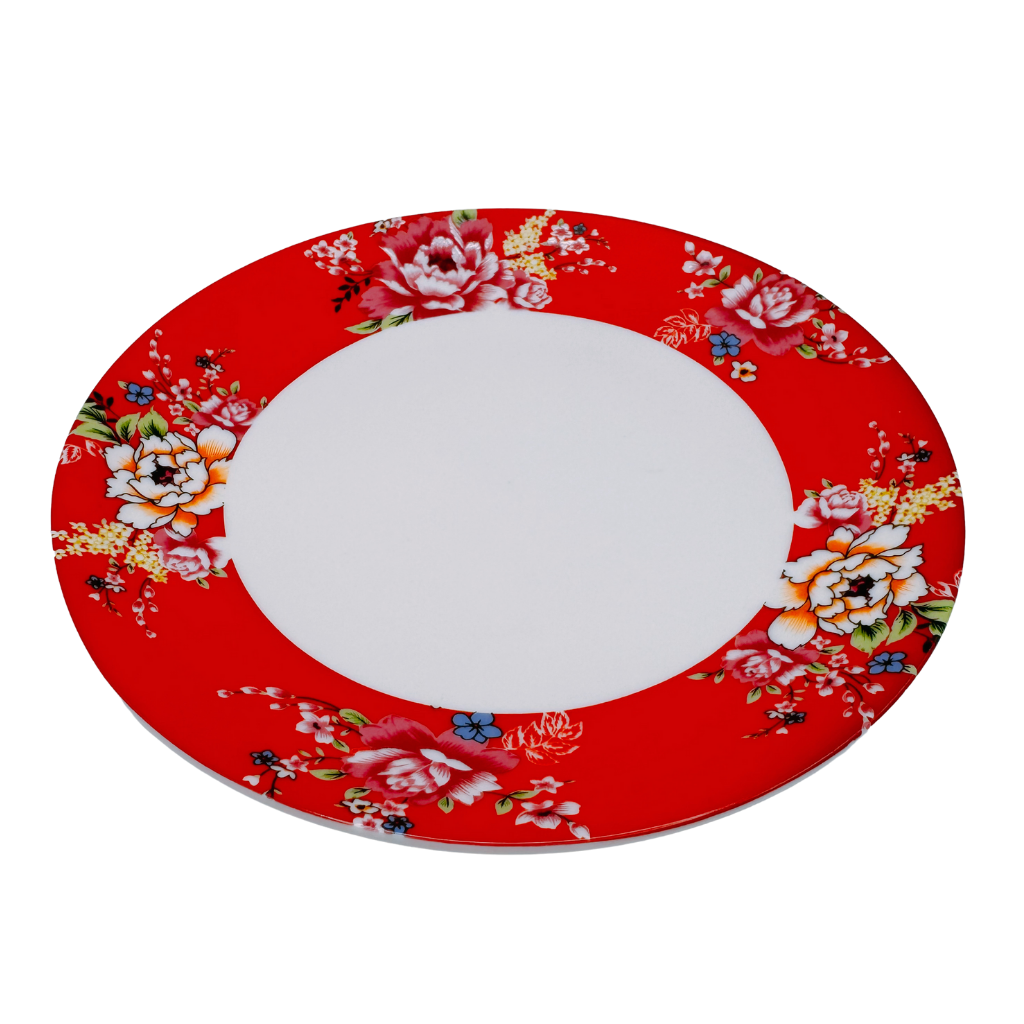 台湾花布（客家花布）柄 食器 円皿 レッド｜台灣花布（客家花布）圓盤 紅