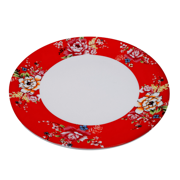 台湾花布（客家花布）柄 食器 円皿 レッド｜台灣花布（客家花布）圓盤 紅