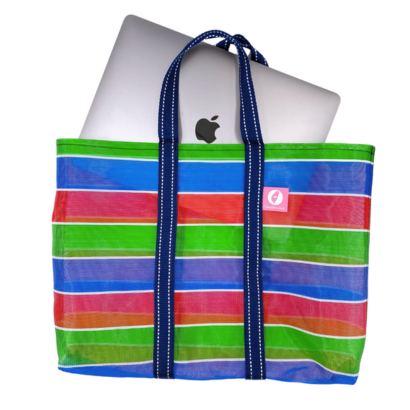 Taiwan Love オリジナル 台湾漁師網バッグ ナイロンバッグ (茄芷袋) 台湾カラー ボーダー 台湾製｜小さめMサイズ（4号）｜コットン布持ち手タイプ｜Taiwan Love 經典茄芷袋 4號