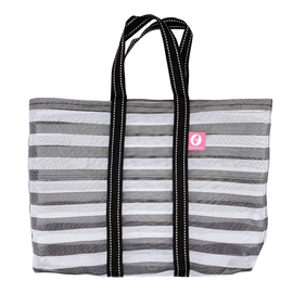 Taiwan Love オリジナル モノトーンボーダー（ブラック・グレー） 台湾漁師網バッグ ナイロンバッグ (茄芷袋) 台湾製｜小さめMサイズ（4号）｜コットン布持ち手タイプ｜Taiwan Love 黑白條紋 茄芷袋 4號