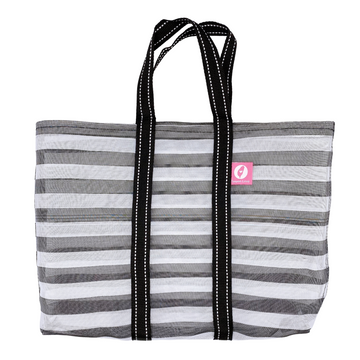 Taiwan Love オリジナル モノトーンボーダー（ブラック・グレー） 台湾漁師網バッグ ナイロンバッグ (茄芷袋) 台湾製｜小さめMサイズ（4号）｜コットン布持ち手タイプ｜Taiwan Love 黑白條紋 茄芷袋 4號