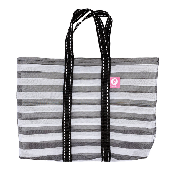 Taiwan Love オリジナル モノトーンボーダー（ブラック・グレー） 台湾漁師網バッグ ナイロンバッグ (茄芷袋) 台湾製｜小さめMサイズ（4号）｜コットン布持ち手タイプ｜Taiwan Love 黑白條紋 茄芷袋 4號