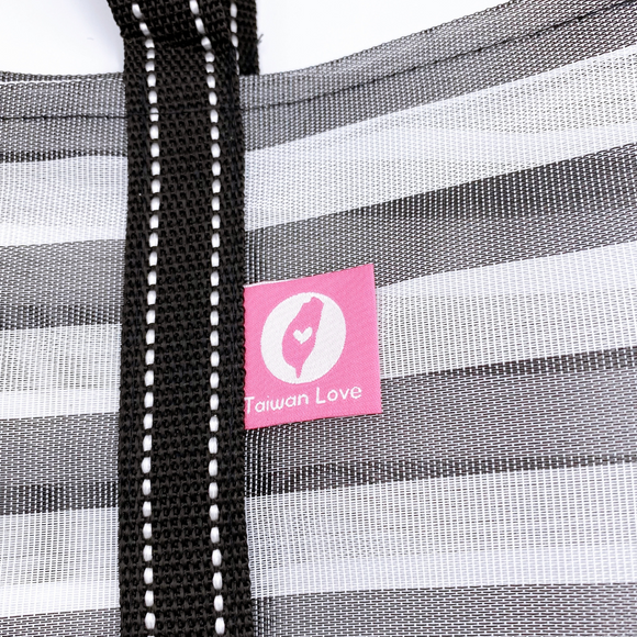 Taiwan Love オリジナル モノトーンボーダー（ブラック・グレー） 台湾漁師網バッグ ナイロンバッグ (茄芷袋) 台湾製｜小さめMサイズ（4号）｜コットン布持ち手タイプ｜Taiwan Love 黑白條紋 茄芷袋 4號