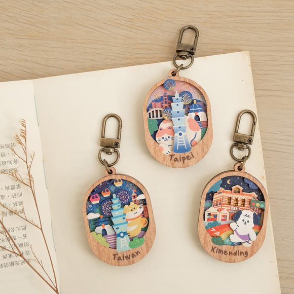 遊木時光 WOOD TIME 台湾ミニ風景 木製ミニ鏡 台湾漁師網バッグ｜台灣微風景木製小物鏡 喵喵茄芷袋