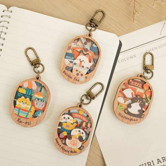 遊木時光 WOOD TIME 台湾ミニ風景 木製ミニ鏡 台湾漁師網バッグ｜台灣微風景木製小物鏡 喵喵茄芷袋