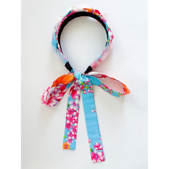 Hakka Rainy 客家花布 パール付きロングリボンカチューシャ｜花布珍珠絲帶髮箍｜台湾花布