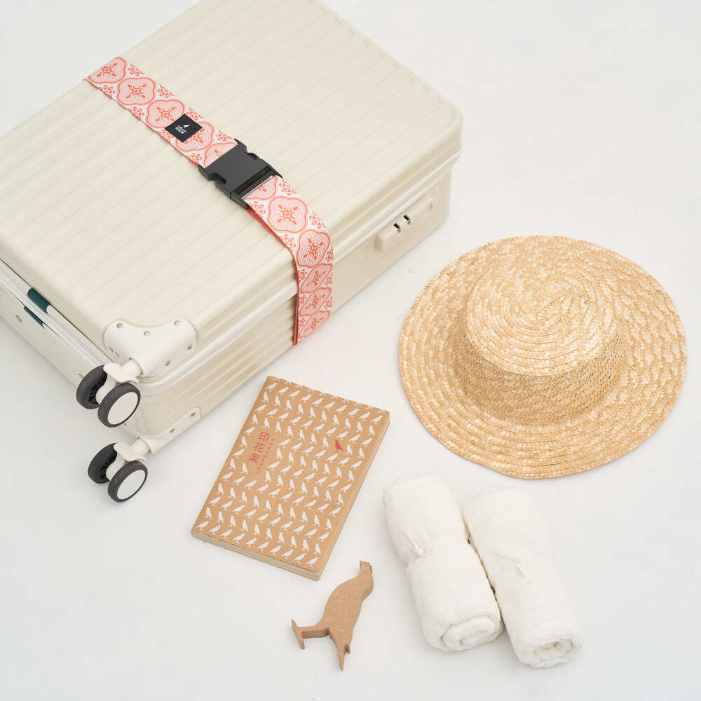 印花楽 スーツケースベルト レトロ窓ガラス柄 朱赤オレンジ｜行李束帶