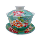台湾花布（客家花布）柄 茶具 蓋碗（ティーカップ） ブルー｜台灣花布（客家花布）三件式蓋杯（220ml） 藍
