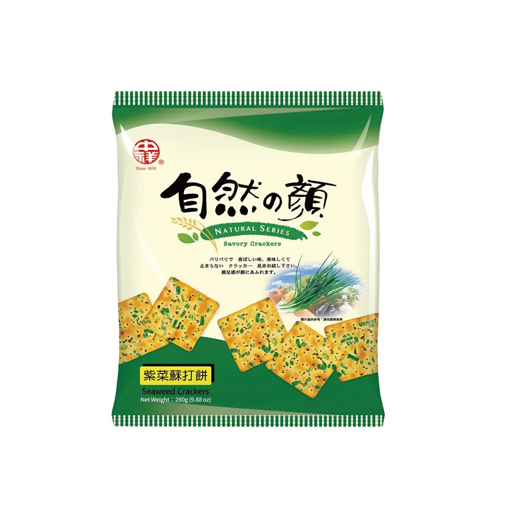 中祥 自然の顔 台湾伝統葱クラッカー 海苔つき 個包装｜自然の顏 紫菜蘇打 量販包 280g 約9~11パック入り