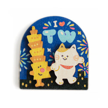 猴子設計 Monkey Design 夜の台北を歩く猫 木製マグネット｜印刻磁鐵 貓遊夜台北