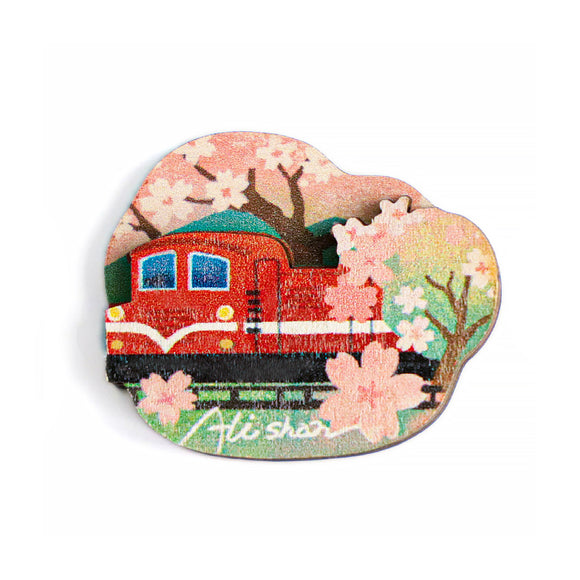 猴子設計 Monkey Design 桜舞う阿里山 木製マグネット｜印刻磁鐵 櫻舞阿里山