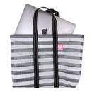 Taiwan Love オリジナル モノトーンボーダー（ブラック・グレー） 台湾漁師網バッグ ナイロンバッグ (茄芷袋) 台湾製｜小さめMサイズ（4号）｜コットン布持ち手タイプ｜Taiwan Love 黑白條紋 茄芷袋 4號