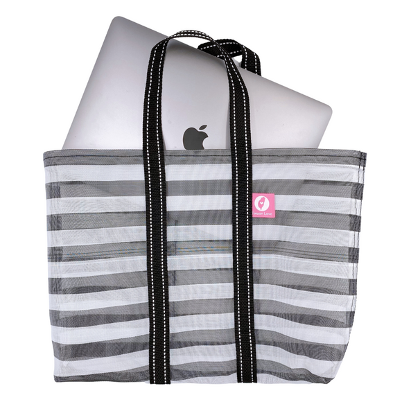Taiwan Love オリジナル モノトーンボーダー（ブラック・グレー） 台湾漁師網バッグ ナイロンバッグ (茄芷袋) 台湾製｜小さめMサイズ（4号）｜コットン布持ち手タイプ｜Taiwan Love 黑白條紋 茄芷袋 4號