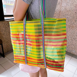 台湾製 ボーダー柄（イエロー・グリーン・レッド） 漁師網 ナイロンバッグ (茄芷袋) ショルダーストラップタイプ｜Mサイズ｜綠黃紅條紋 茄芷袋 肩背款