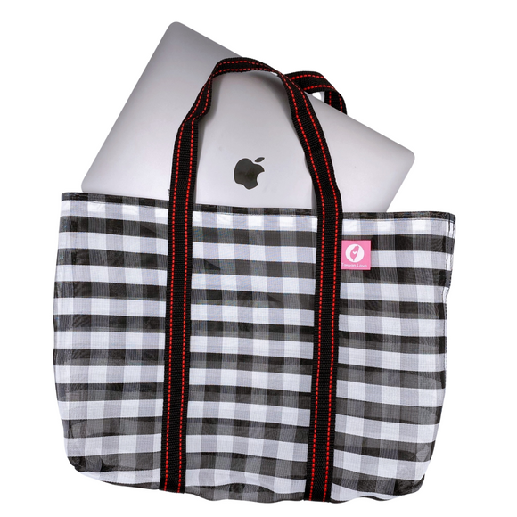 Taiwan Love オリジナル チェック柄 モノトーン（ブラック・ホワイト） 台湾漁師網バッグ ナイロンバッグ (茄芷袋) 台湾製｜小さめMサイズ（4号）｜コットン布持ち手タイプ｜Taiwan Love 黑白格紋 茄芷袋 4號